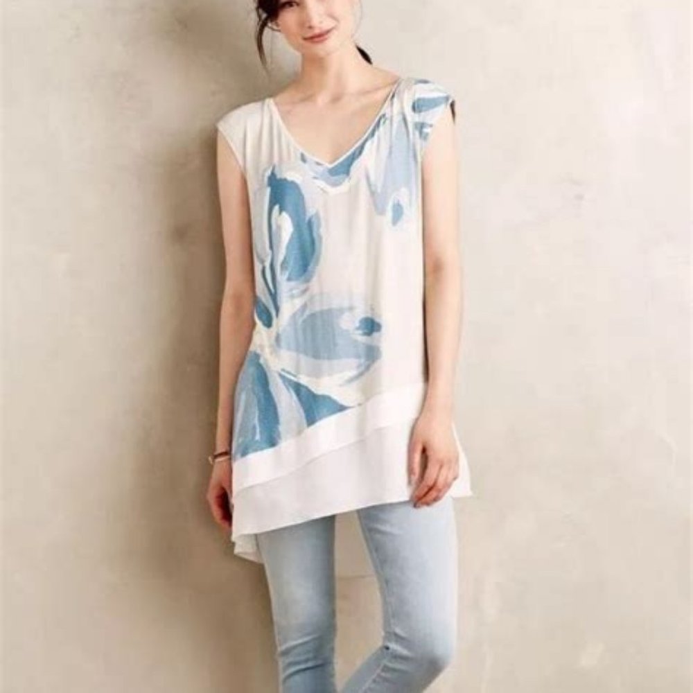 Anthropologie Deletta Gaelle Floral Asymmetrical Chiffon Hem Tunic, S